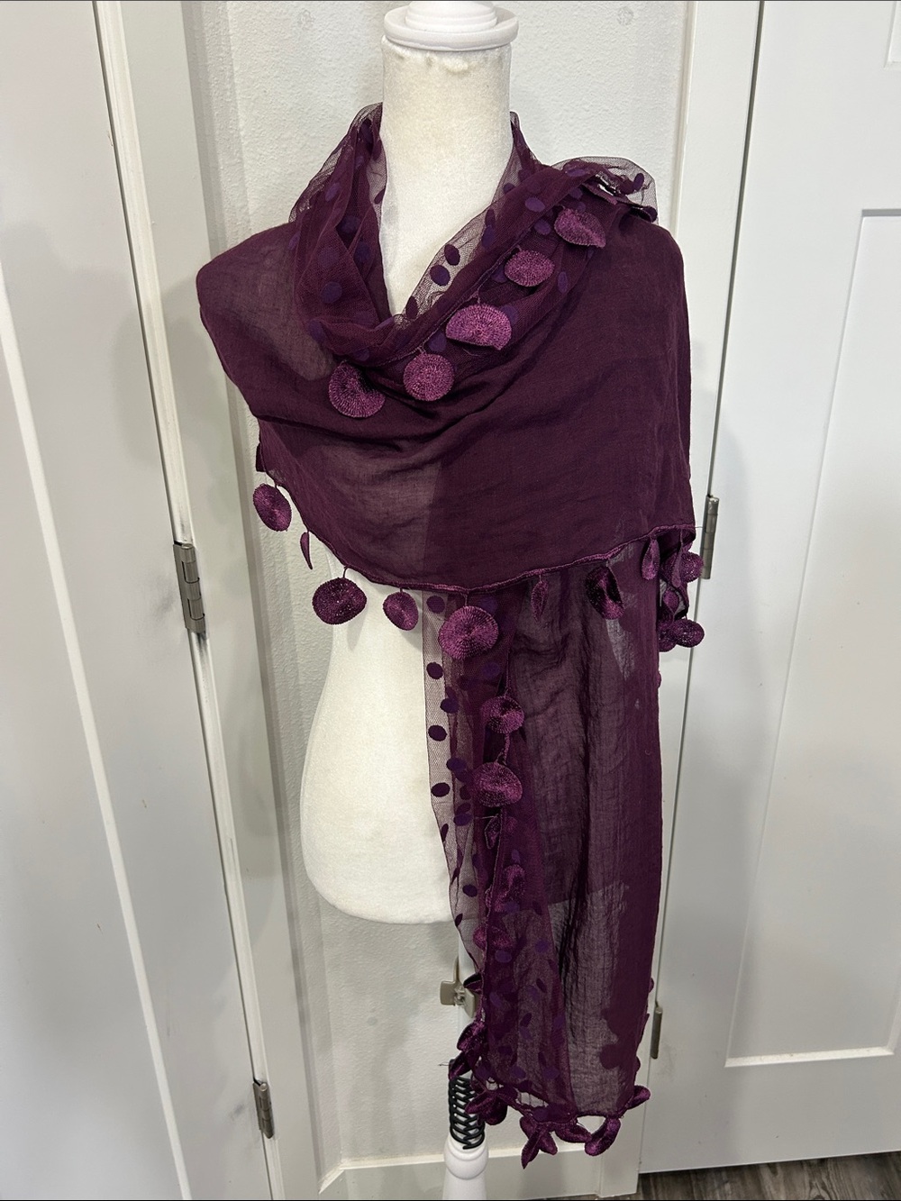 Plum Pom Detail Lightweight Scarf Wrap